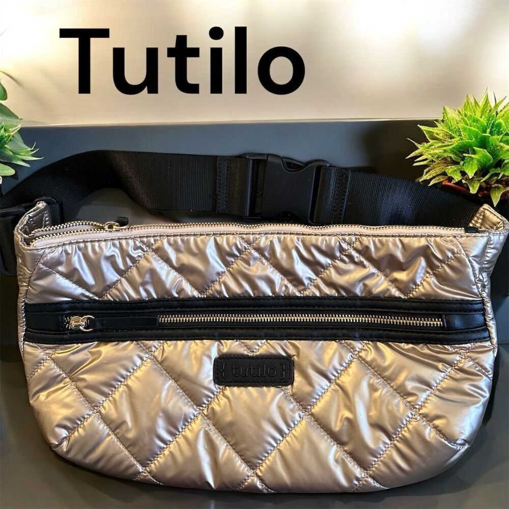 Tutilo Large Metallic Gold Quilted Crossbody Belt Bag Black Adjustable Strap